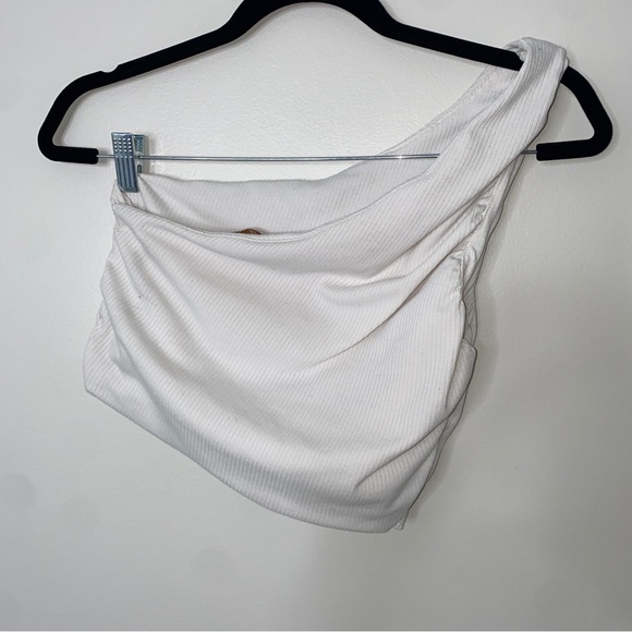 Endless Blu Off-white Cream Ribbed Textured One Shoulder Crop Top Shirt Large - Picture 7 of 7